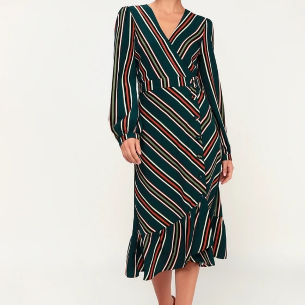 Lulus NWT Kendle Teal Green Striped Button-up midi dress size women's La…